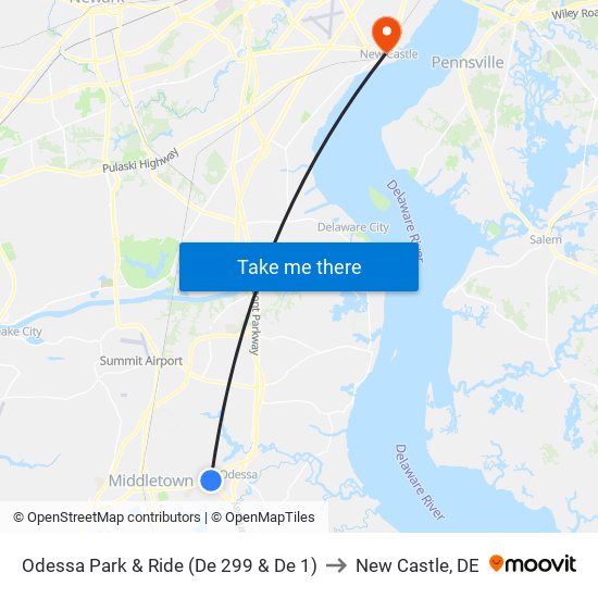 Odessa Park & Ride (De 299 & De 1) to New Castle, DE map