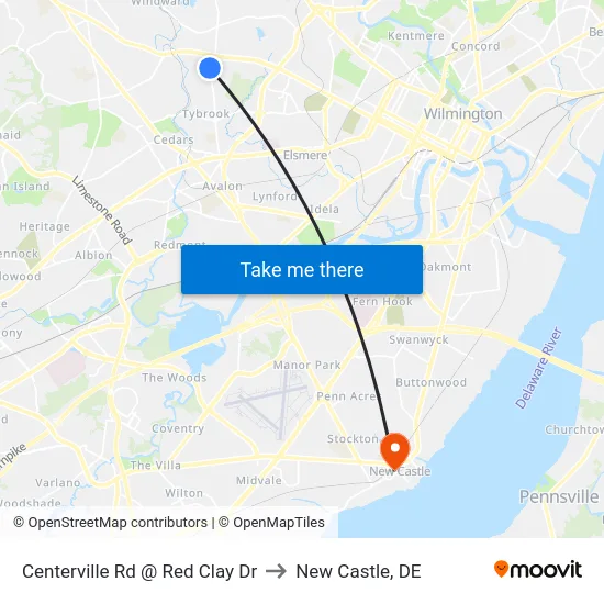 Centerville Rd @ Red Clay Dr to New Castle, DE map