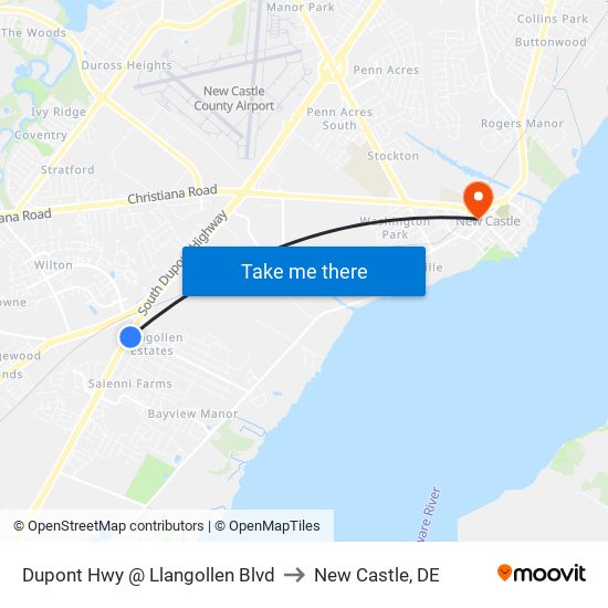 Dupont Hwy @ Llangollen Blvd to New Castle, DE map