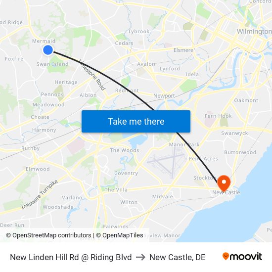 New Linden Hill Rd @ Riding Blvd to New Castle, DE map