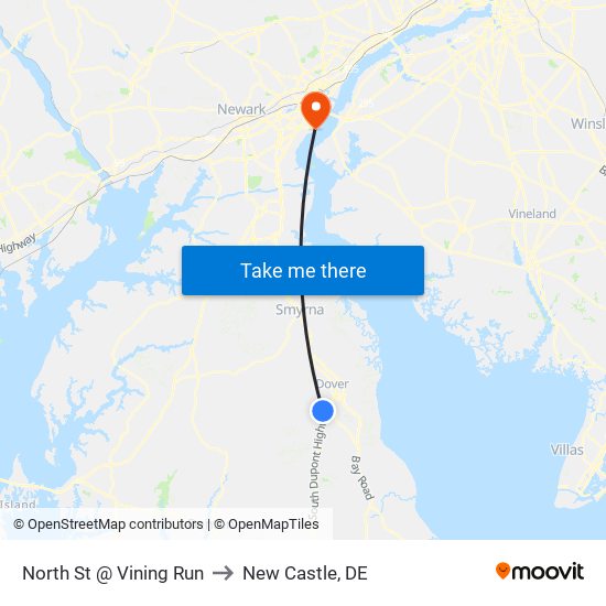 North St @ Vining Run to New Castle, DE map