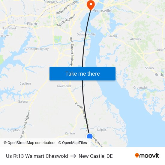 Us Rt13 Walmart Cheswold to New Castle, DE map