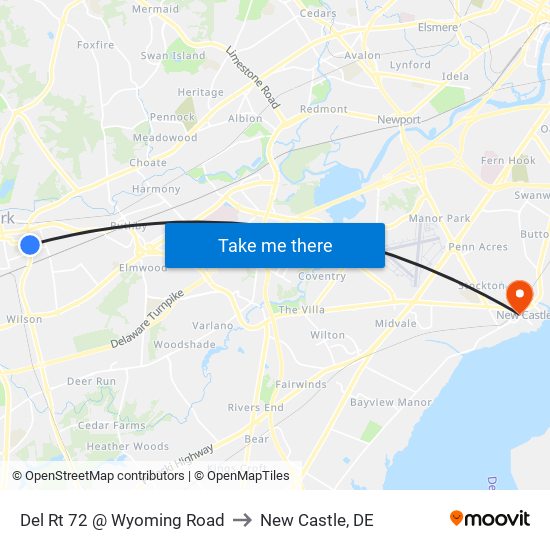 Del Rt 72 @ Wyoming Road to New Castle, DE map