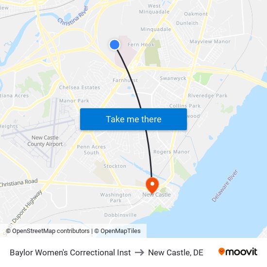 Baylor Women's Correctional Inst to New Castle, DE map