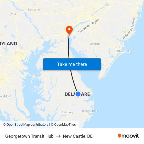 Georgetown Transit Hub to New Castle, DE map