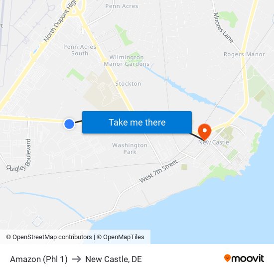 Amazon (Phl 1) to New Castle, DE map