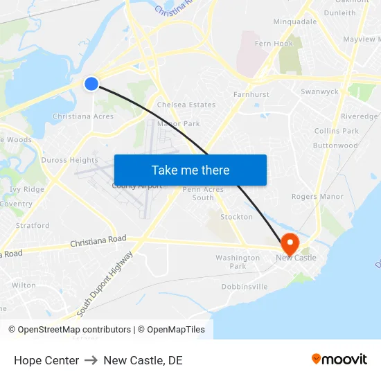 Hope Center to New Castle, DE map