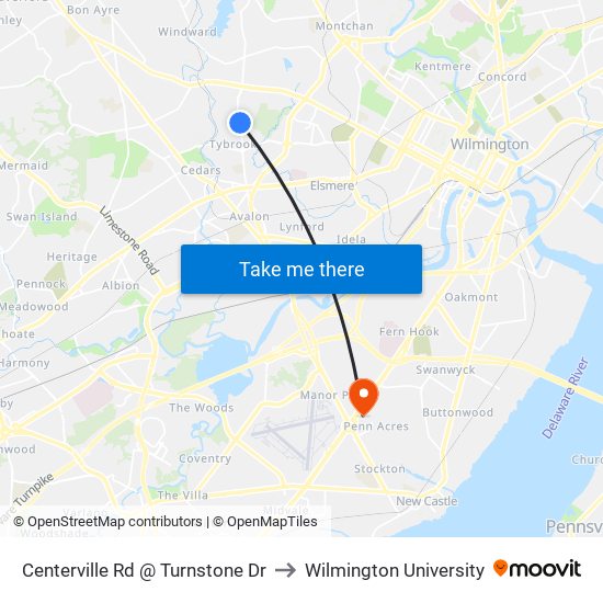 Centerville Rd @ Turnstone Dr to Wilmington University map