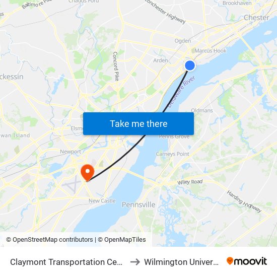 Claymont Transportation Center to Wilmington University map