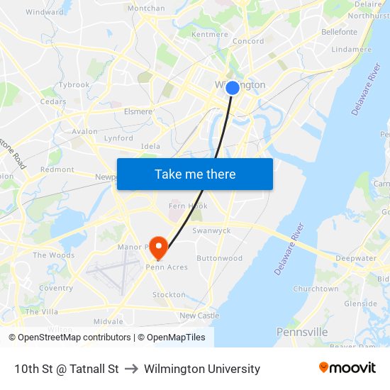 10th St @ Tatnall St to Wilmington University map