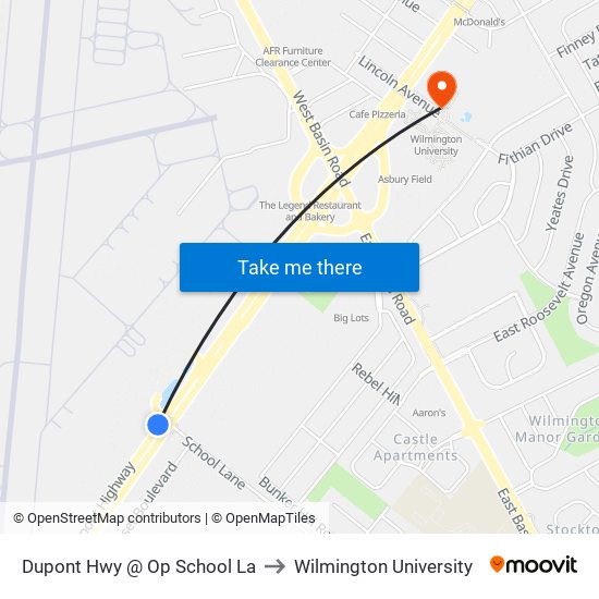 Dupont Hwy @ Op School La to Wilmington University map