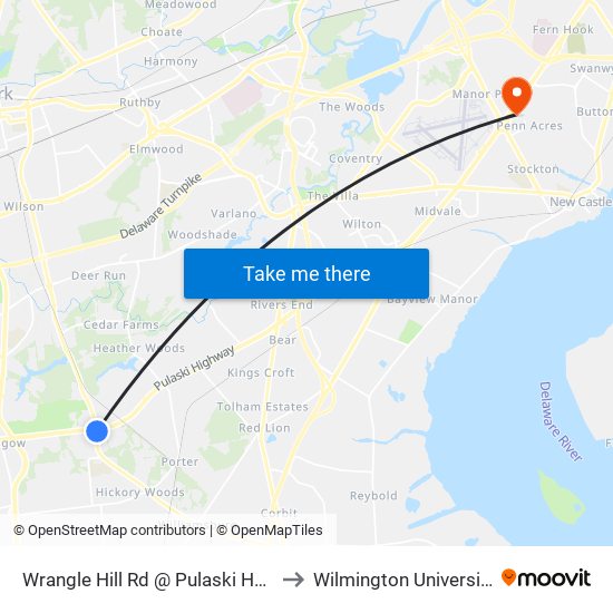 Wrangle Hill Rd @ Pulaski Hwy to Wilmington University map