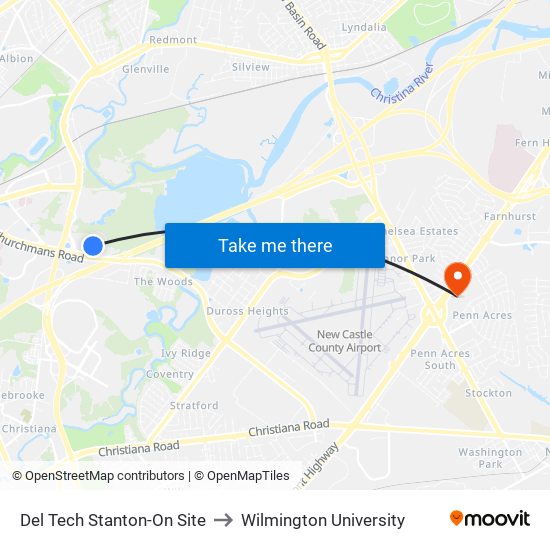 Del Tech Stanton-On Site to Wilmington University map