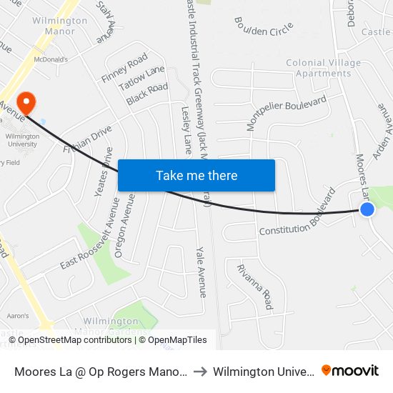 Moores La @ Op Rogers Manor Park to Wilmington University map