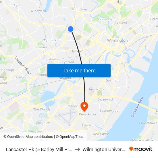 Lancaster Pk @ Barley Mill Plaza to Wilmington University map