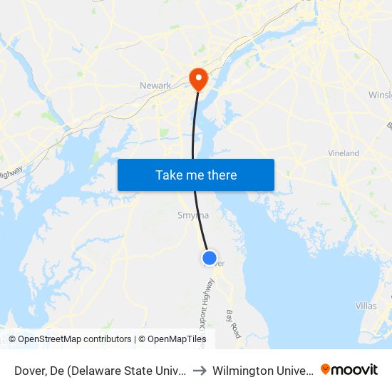 Dover, De (Delaware State University) to Wilmington University map