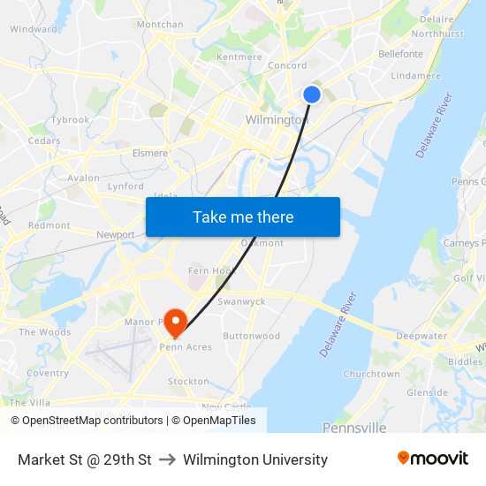 Market St @ 29th St to Wilmington University map