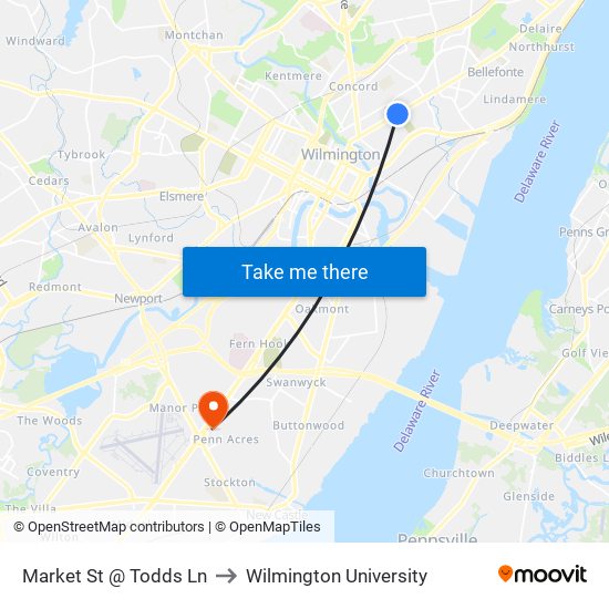 Market St @ Todds Ln to Wilmington University map