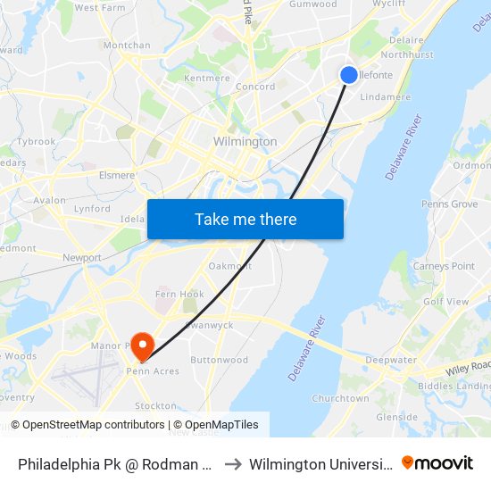 Philadelphia Pk @ Rodman Rd to Wilmington University map