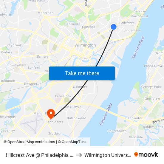 Hillcrest Ave @ Philadelphia Pk to Wilmington University map