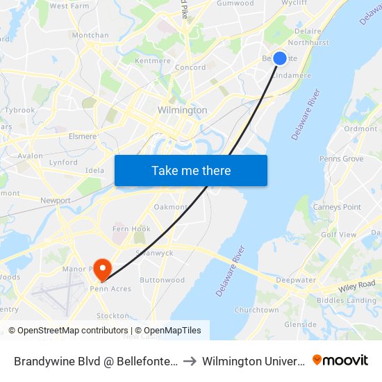 Brandywine Blvd @ Bellefonte Ave to Wilmington University map