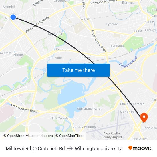 Milltown Rd @ Cratchett Rd to Wilmington University map