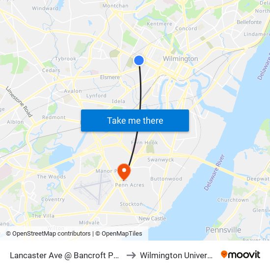 Lancaster Ave @ Bancroft Pkwy to Wilmington University map