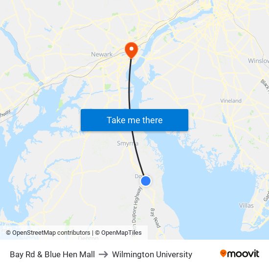 Bay Rd & Blue Hen Mall to Wilmington University map