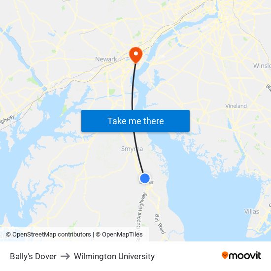 Bally's Dover to Wilmington University map