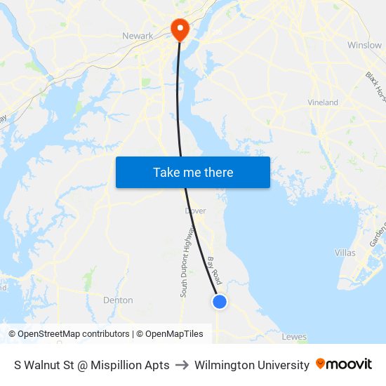 S Walnut St @ Mispillion Apts to Wilmington University map