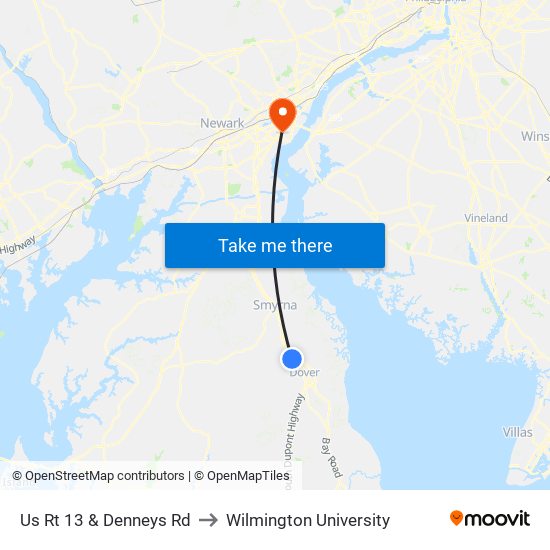 Us Rt 13 & Denneys Rd to Wilmington University map