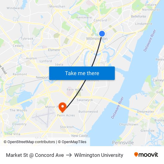 Market St @ Concord Ave to Wilmington University map