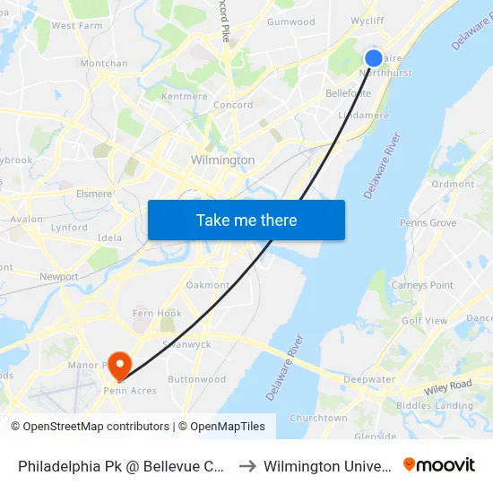 Philadelphia Pk @ Bellevue Corp Cr to Wilmington University map