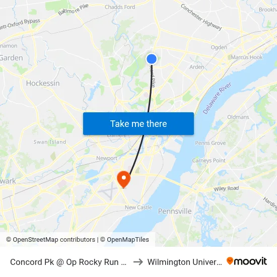 Concord Pk @ Op Rocky Run Pkwy to Wilmington University map