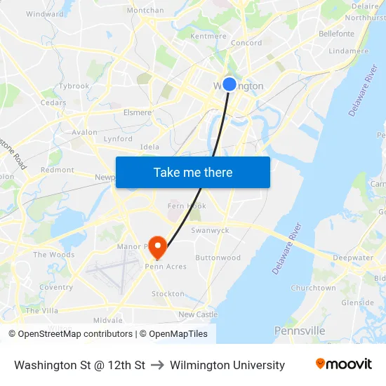 Washington St @ 12th St to Wilmington University map