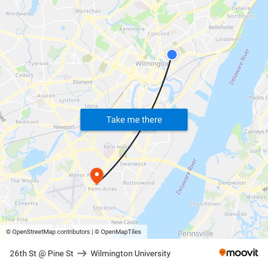 26th St @ Pine St to Wilmington University map