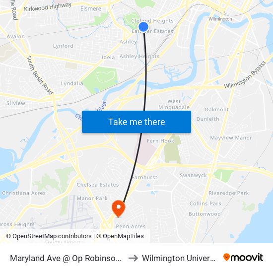 Maryland Ave @ Op Robinson Ln to Wilmington University map