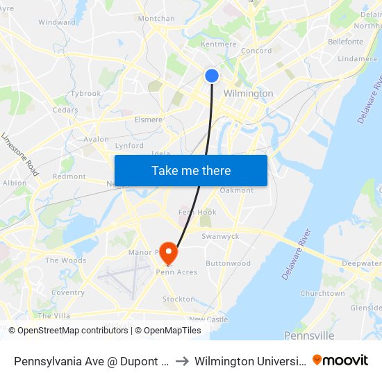 Pennsylvania Ave @ Dupont St to Wilmington University map