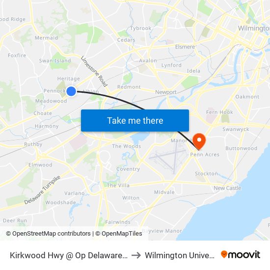 Kirkwood Hwy @ Op Delaware Park to Wilmington University map