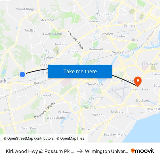 Kirkwood Hwy @ Possum Pk Apts to Wilmington University map