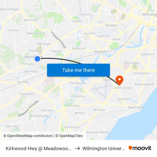 Kirkwood Hwy @ Meadowood Dr to Wilmington University map