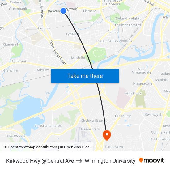 Kirkwood Hwy @ Central Ave to Wilmington University map