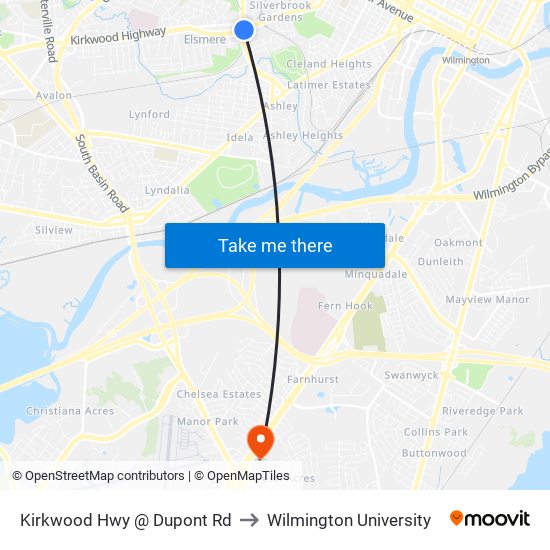 Kirkwood Hwy @ Dupont Rd to Wilmington University map