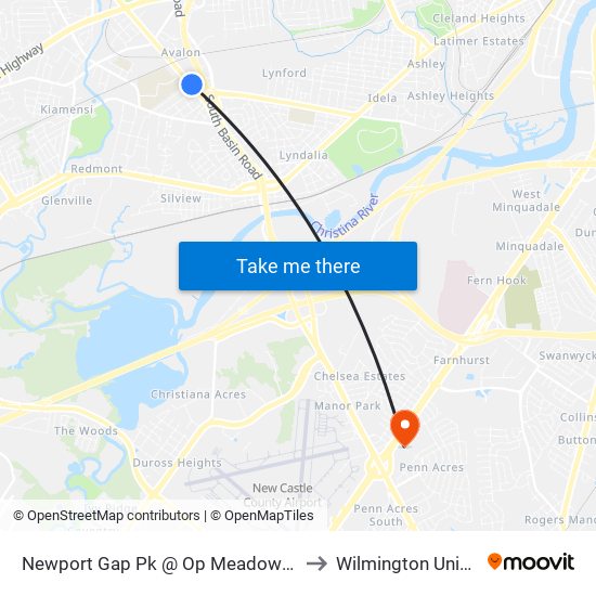 Newport Gap Pk @ Op Meadowbrook Ave to Wilmington University map