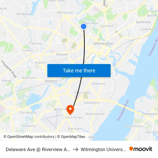 Delaware Ave @ Riverview Ave to Wilmington University map
