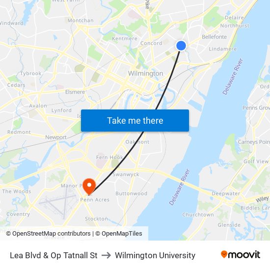 Lea Blvd & Op Tatnall St to Wilmington University map