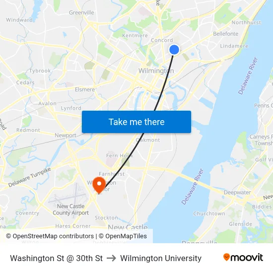 Washington St @ 30th St to Wilmington University map