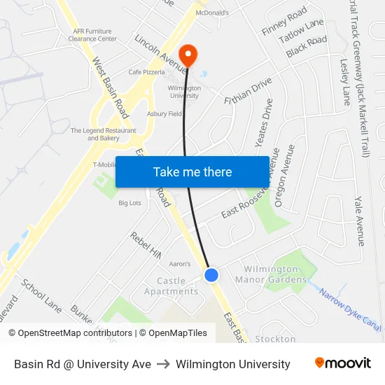 Basin Rd @ University Ave to Wilmington University map