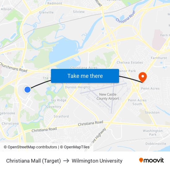 Christiana Mall (Target) to Wilmington University map