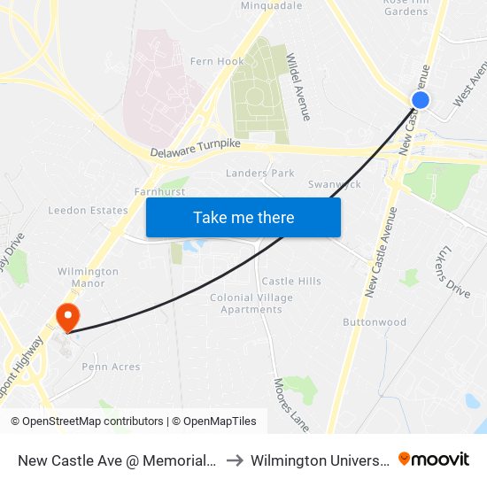 New Castle Ave @ Memorial Dr to Wilmington University map